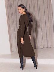 Lipsy Chocolate Brown Belted Chain Batwing Sleeve Midi Dress - Image 4 of 5