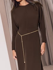 Lipsy Chocolate Brown Belted Chain Batwing Sleeve Midi Dress - Image 5 of 5