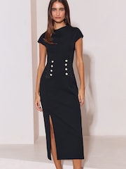 Lipsy Black Frogging Waist Detail Military Midi Dress - Image 1 of 5