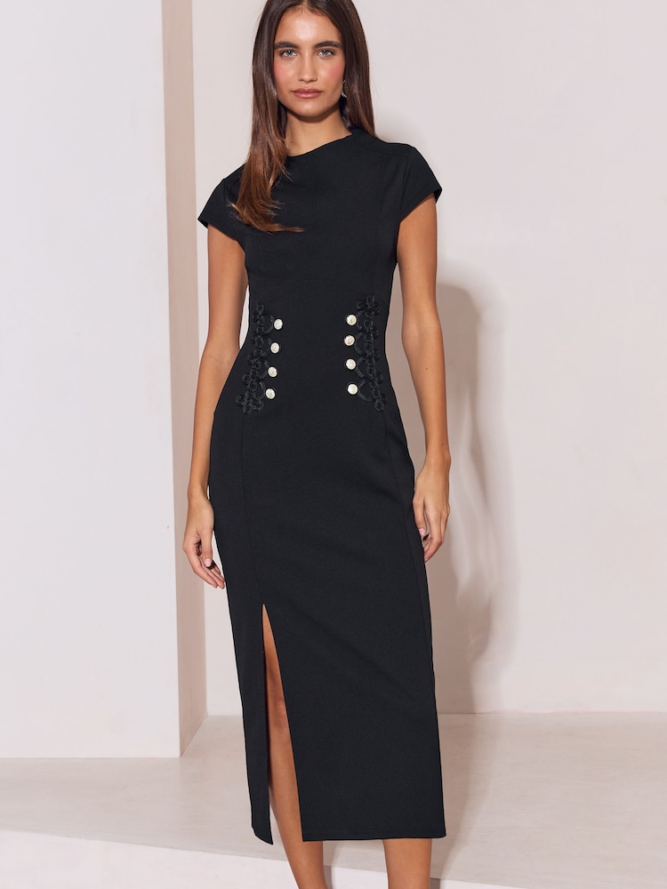 Lipsy Black Frogging Waist Detail Military Midi Dress - Image 1 of 5