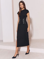 Lipsy Black Frogging Waist Detail Military Midi Dress - Image 3 of 5