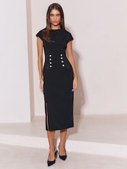 Lipsy Black Frogging Waist Detail Military Midi Dress - Image 4 of 5