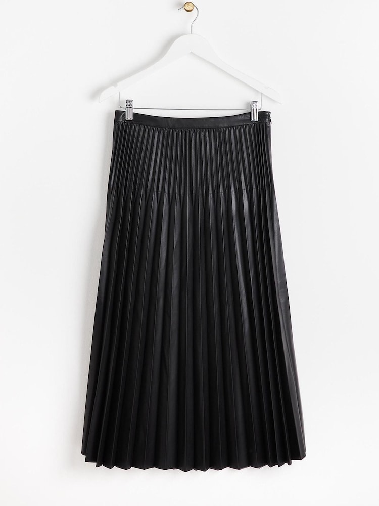 Oliver Bonas Faux Leather Pleated Midi Black Skirt - Image 1 of 5
