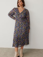 Oliver Bonas Blue Treasured Floral Metallic Midi Dress - Image 1 of 1