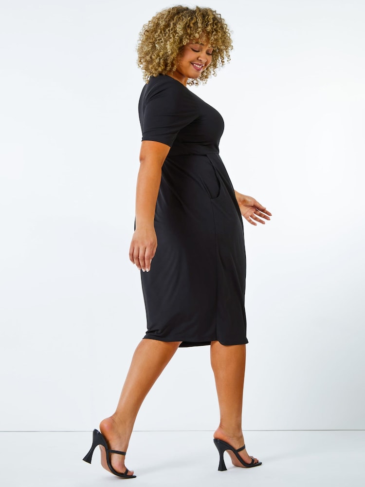 Roman Black Curve Cocoon Pocket Detail Midi Dress - Image 2 of 5