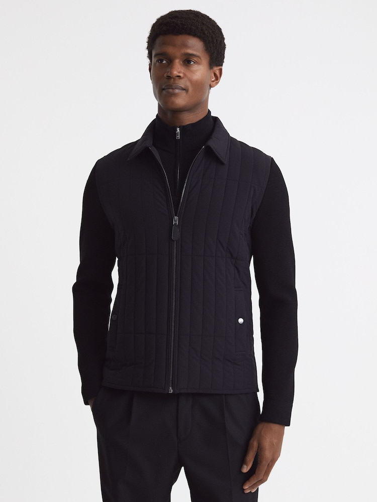 Reiss Black Tosca Hybrid Knit and Quilt Jacket - Image 1 of 5