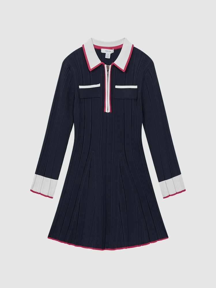 Reiss Navy Annie Teen Ribbed Colourblock Mini Dress - Image 1 of 7