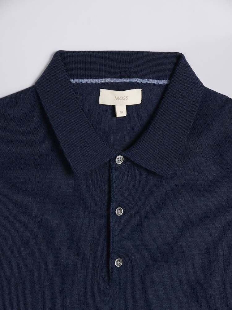 MOSS Blue Merino Polo Shirt - Image 5 of 5