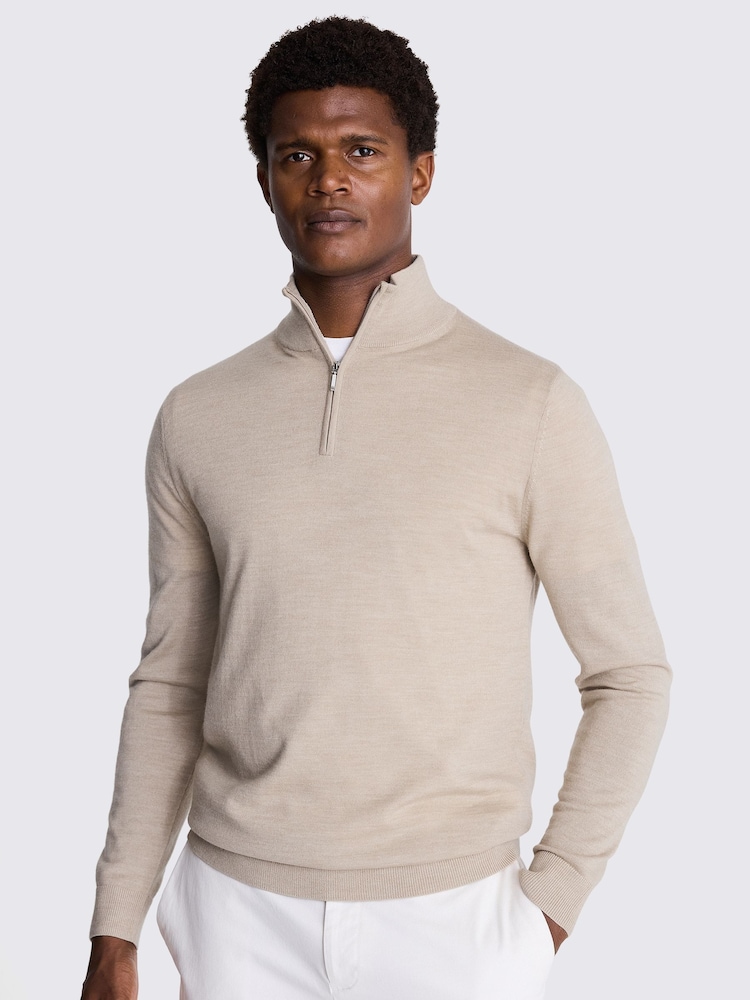 MOSS Camel Merino Blend Quarter Zip Jumper - Image 1 of 5