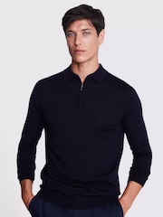 MOSS Blue Merino Blend Quarter Zip Polo Shirt - Image 1 of 5