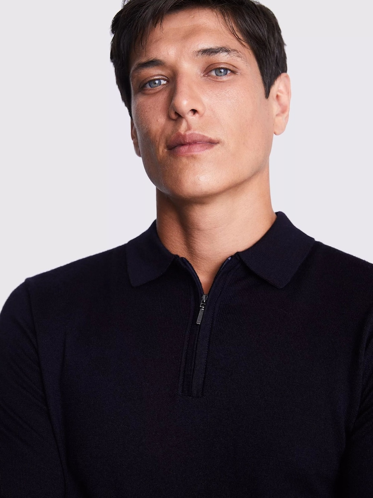 MOSS Blue Merino Blend Quarter Zip Polo Shirt - Image 3 of 5