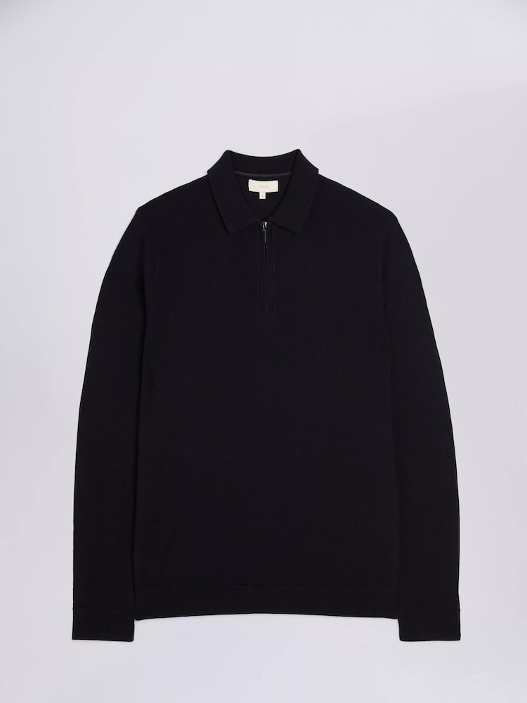 MOSS Blue Merino Blend Quarter Zip Polo Shirt - Image 4 of 5