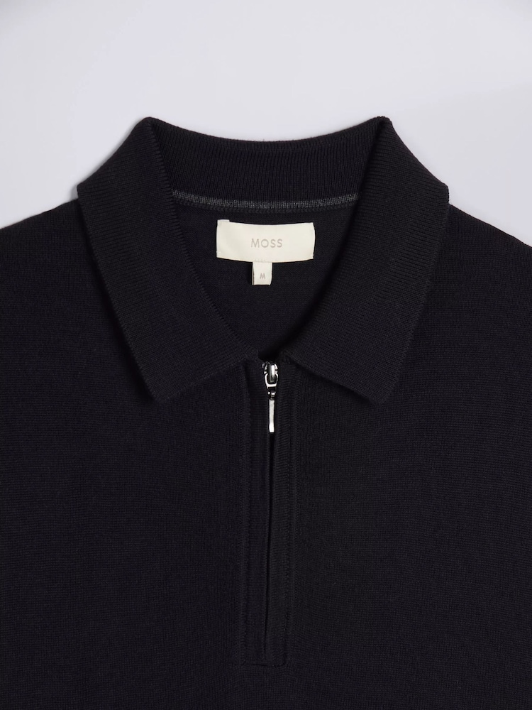MOSS Blue Merino Blend Quarter Zip Polo Shirt - Image 5 of 5