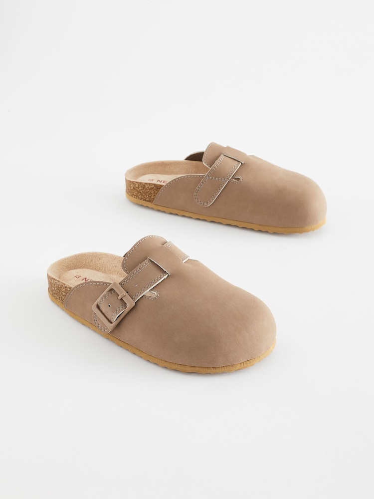 Taupe Brown Leather Slip-On Clog Mules - Image 1 of 6