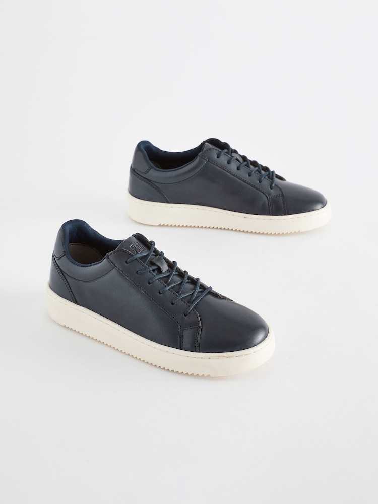 Navy Blue Leather Smart Lace-Up Trainers - Image 1 of 5