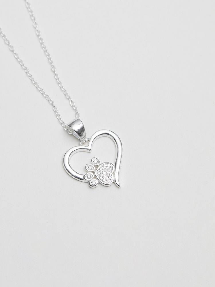 Simply Silver Sterling Silver Tone 925 Paw Print And Heart Pendant Necklace - Image 1 of 2