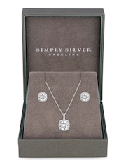 Simply Silver White Sterling Silver 925 Halo Square Solitaire Matching Jewellery Set - Gift Boxed - Image 1 of 3