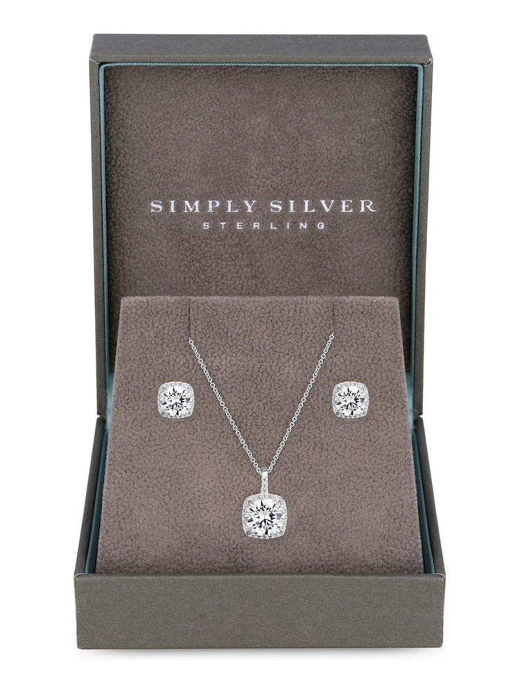 Simply Silver White Sterling Silver 925 Halo Square Solitaire Matching Jewellery Set - Gift Boxed - Image 1 of 3