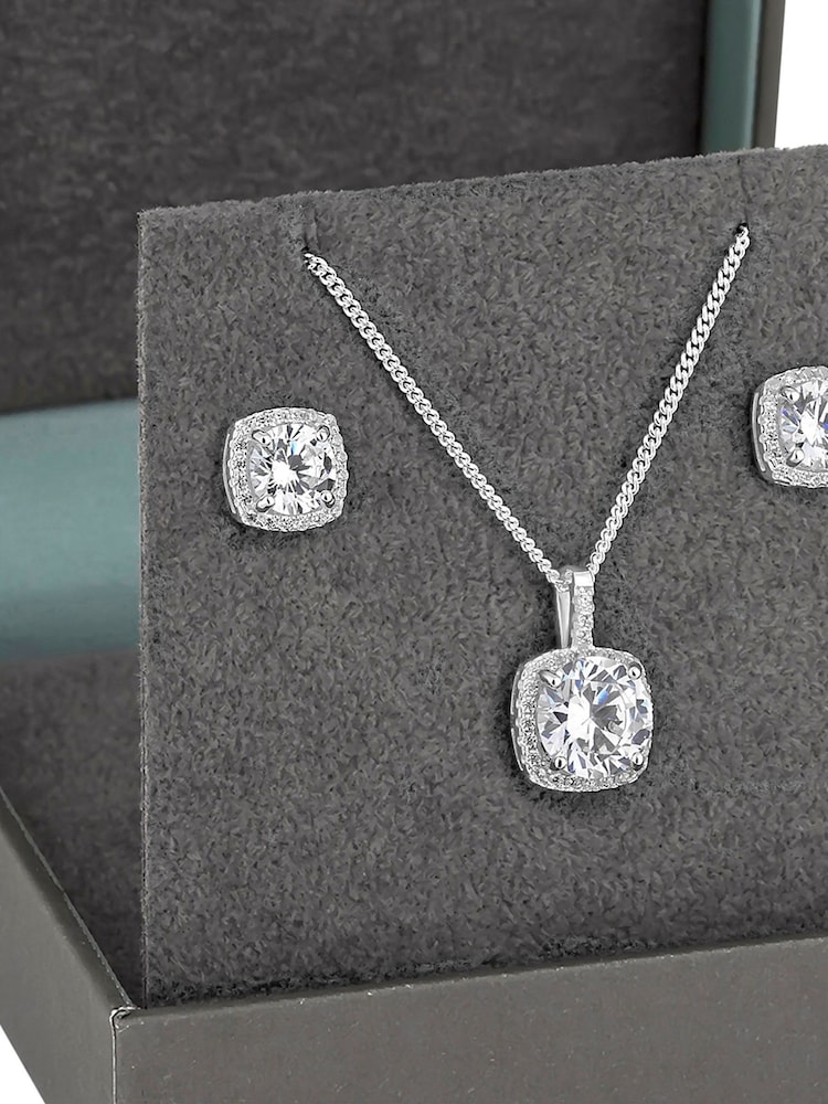 Simply Silver White Sterling Silver 925 Halo Square Solitaire Matching Jewellery Set - Gift Boxed - Image 3 of 3