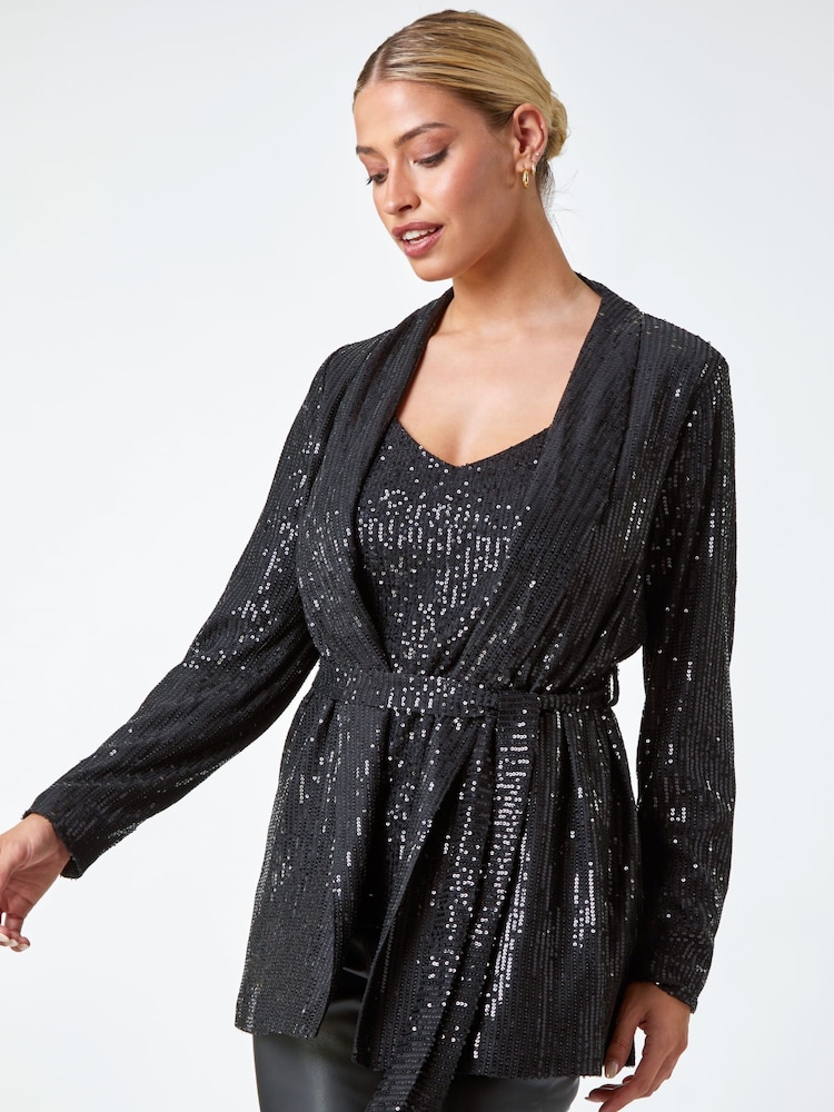 Dusk Black Sequin Embellished Tie Waist Jacket - Image 1 of 5