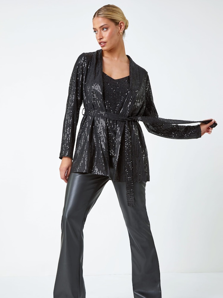 Dusk Black Sequin Embellished Tie Waist Jacket - Image 2 of 5