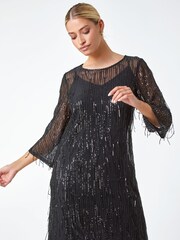 Dusk Black Sequin Sparkle Tassel Shift Dress - Image 1 of 5