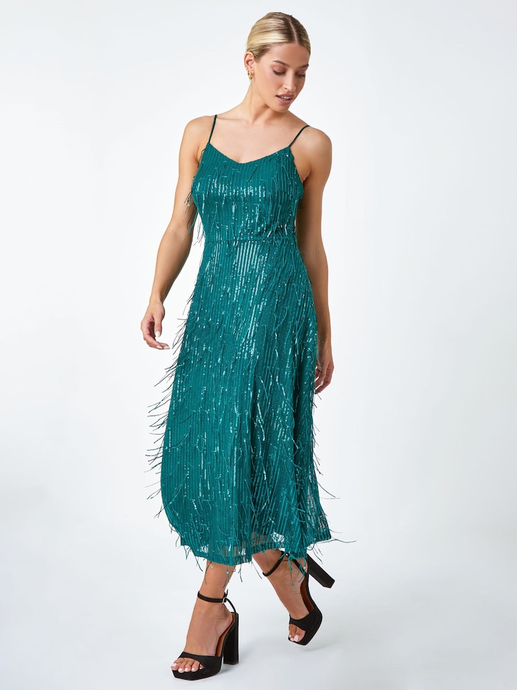 Dusk Green Sequin Sparkle Tassel Midi Dress - Image 1 of 5