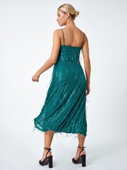 Dusk Green Sequin Sparkle Tassel Midi Dress - Image 2 of 5