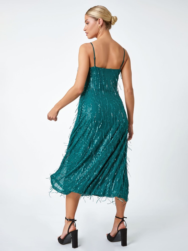 Dusk Green Sequin Sparkle Tassel Midi Dress - Image 2 of 5