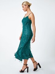 Dusk Green Sequin Sparkle Tassel Midi Dress - Image 3 of 5