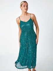 Dusk Green Sequin Sparkle Tassel Midi Dress - Image 4 of 5