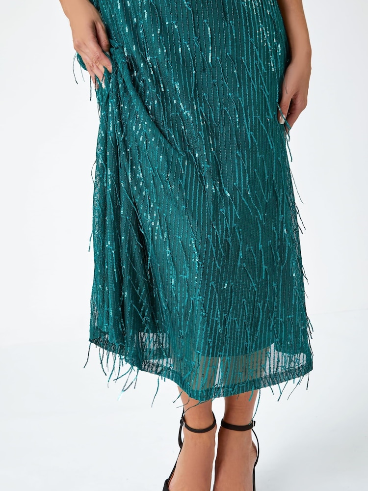 Dusk Green Sequin Sparkle Tassel Midi Dress - Image 5 of 5