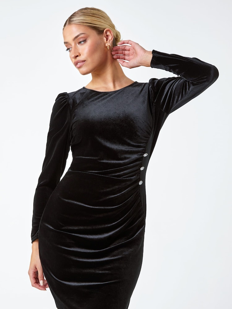 Dusk Black Velvet Button Detail Ruched Dress - Image 1 of 5