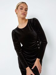 Dusk Black Velvet Button Detail Ruched Dress - Image 4 of 5