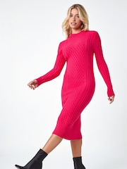 Dusk Pink Cable Knit Stretch Midi Jumper Dress - Image 3 of 5