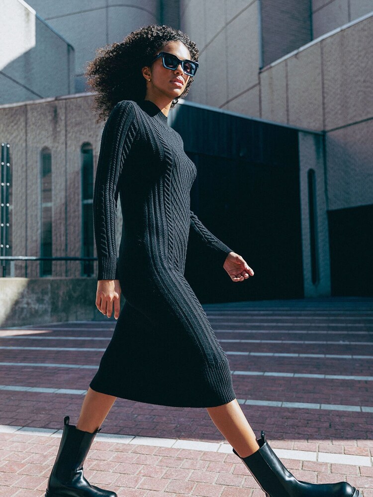 Dusk Black Cable Knit Stretch Midi Jumper Dress - Image 2 of 5