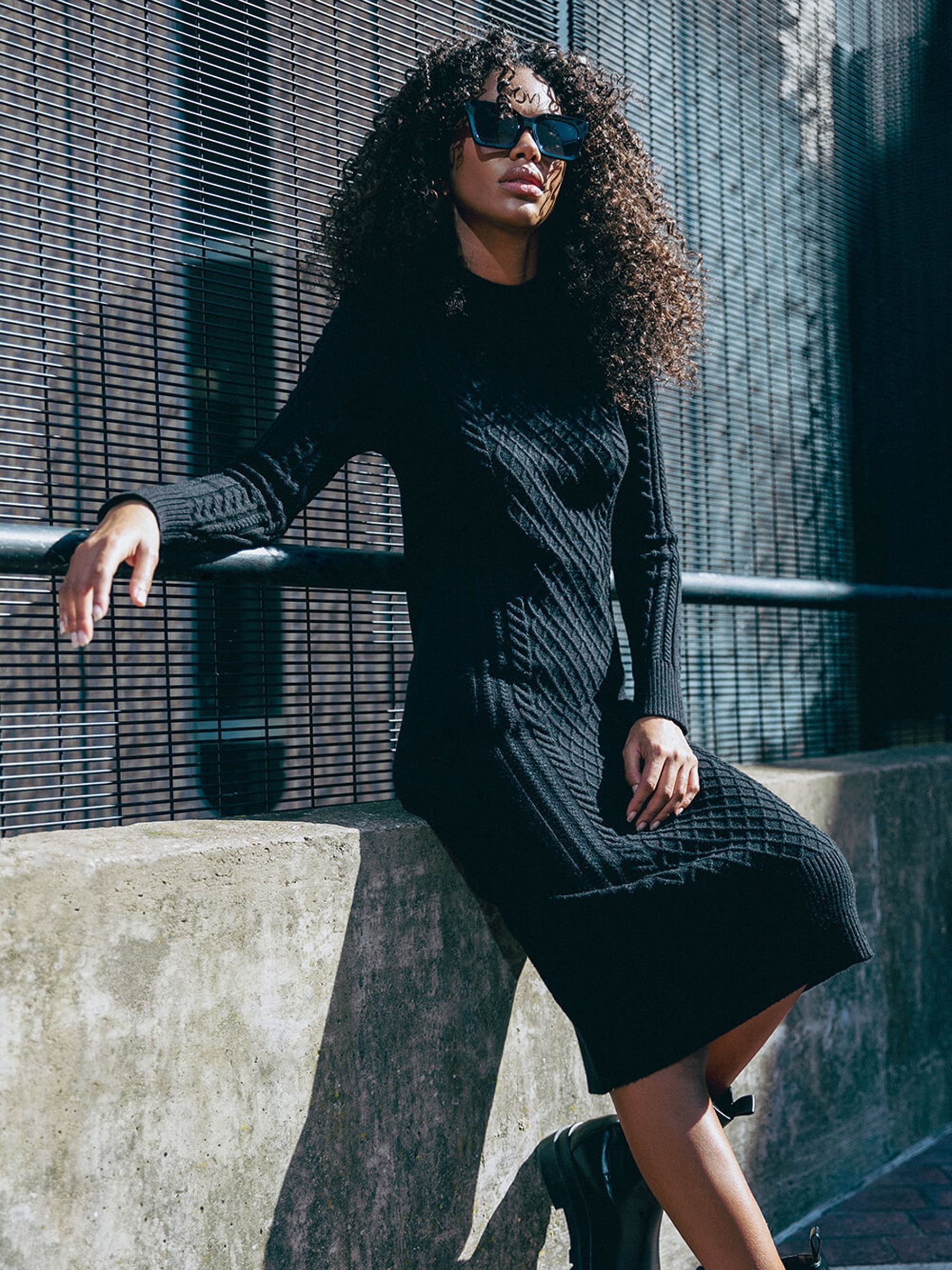 Dusk Black Cable Knit Stretch Midi Jumper Dress | Laura Ashley