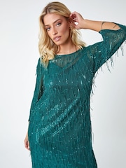 Dusk Green Sequin Sparkle Tassel Shift Dress - Image 1 of 5