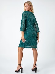 Dusk Green Sequin Sparkle Tassel Shift Dress - Image 2 of 5