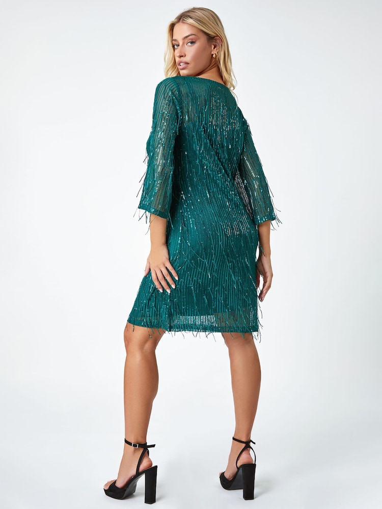 Dusk Green Sequin Sparkle Tassel Shift Dress - Image 2 of 5