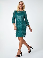 Dusk Green Sequin Sparkle Tassel Shift Dress - Image 3 of 5