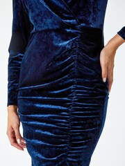 Dusk Blue Velvet Ruched Waist Stretch Wrap Dress - Image 5 of 5