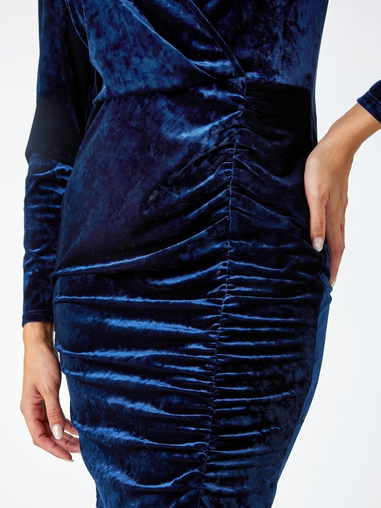 Dusk Blue Velvet Ruched Waist Stretch Wrap Dress - Image 5 of 5