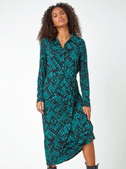 Dusk Green Abstract Print Stretch Shirt Dress - Image 1 of 5