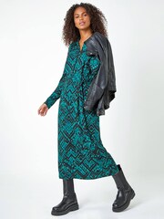 Dusk Green Abstract Print Stretch Shirt Dress - Image 3 of 5