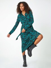 Dusk Green Abstract Print Stretch Shirt Dress - Image 4 of 5