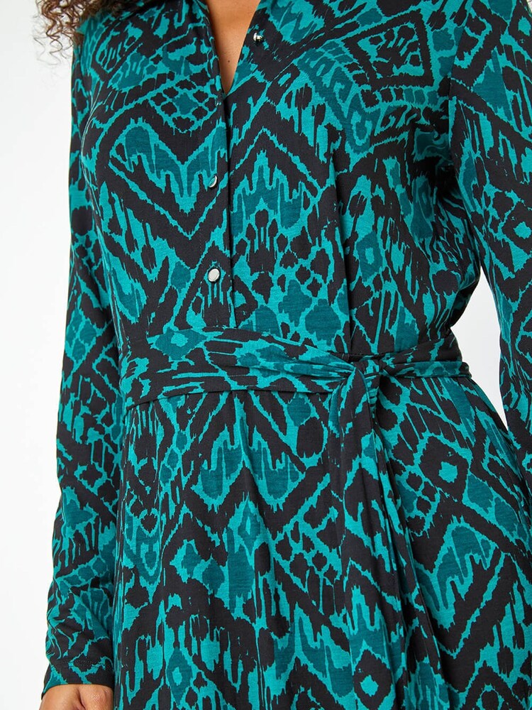 Dusk Green Abstract Print Stretch Shirt Dress - Image 5 of 5
