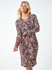 Dusk Brown Animal Print Ruched Stretch Dress - Image 1 of 5