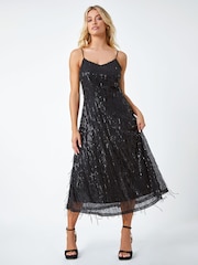 Dusk Black Sequin Sparkle Tassel Midi Dress - Image 1 of 5