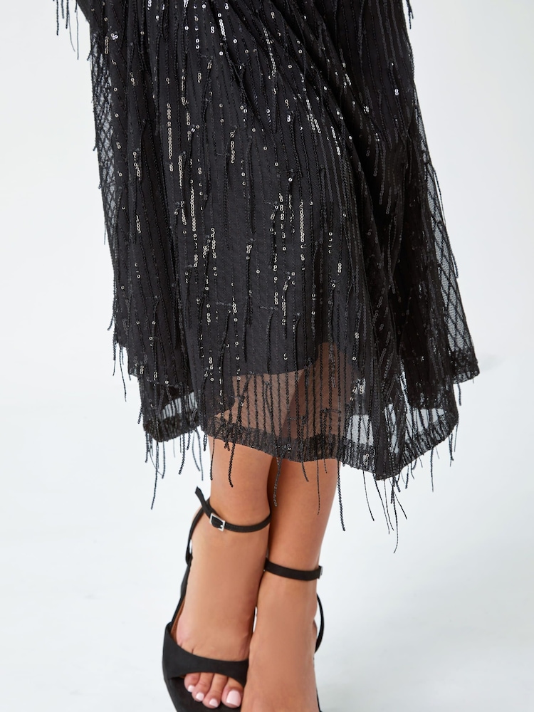 Dusk Black Sequin Sparkle Tassel Midi Dress - Image 5 of 5